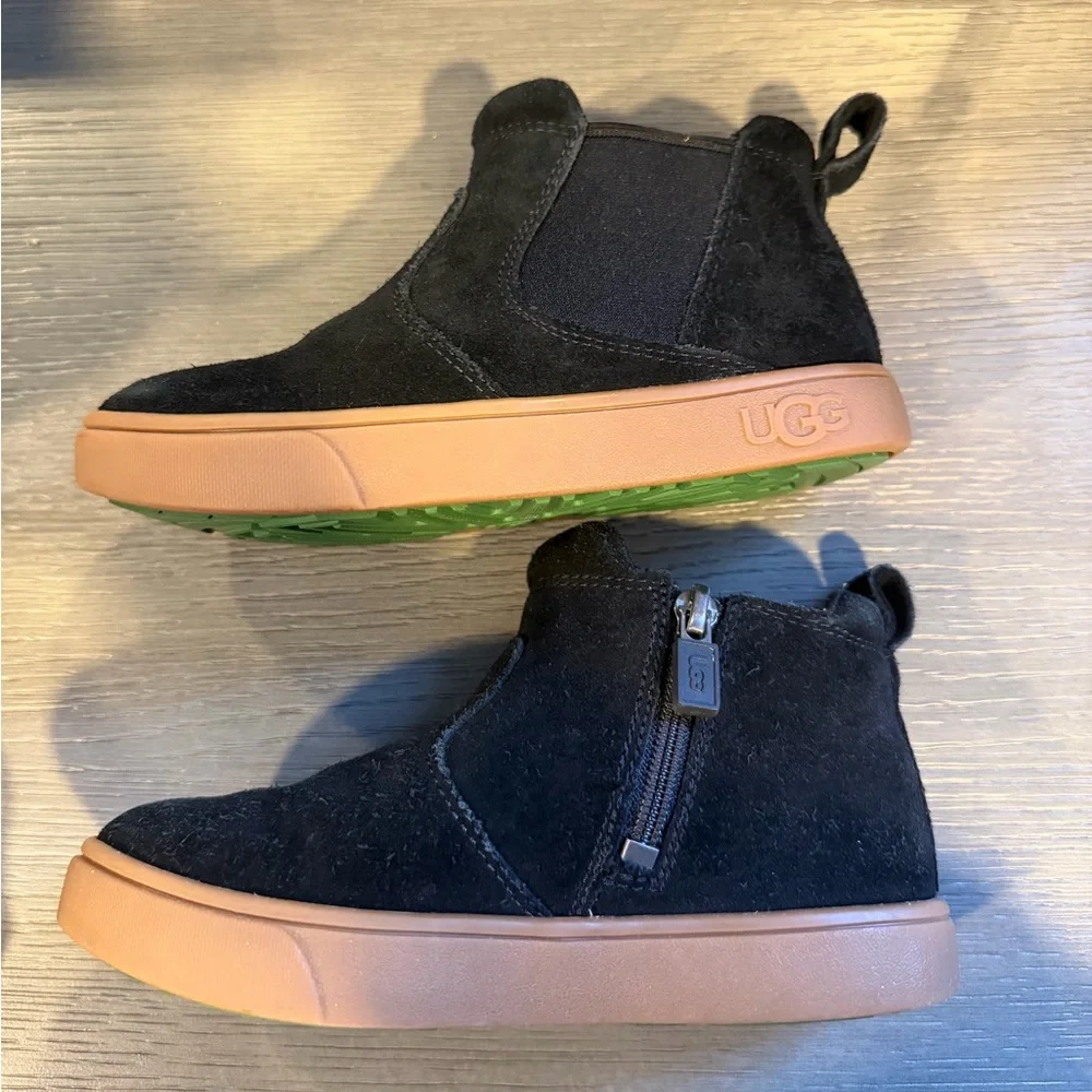 UGG Kids Black Suede Boots with Tan Soles